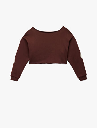 Uzun Kollu Baskılı Kayık Yaka Oversize Crop Sweatshirt