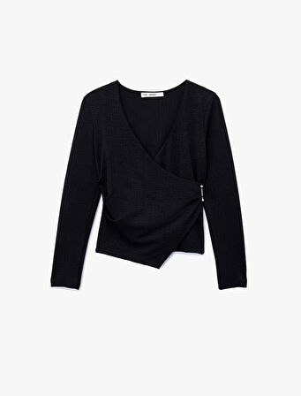 Metal Aksesuarlı Uzun Kollu Slim Fit Bürümcük Kruvaze Yaka Bluz