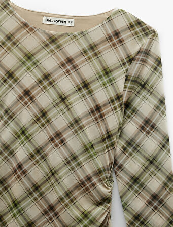 Uzun Kollu Bisiklet Yaka Drape Detaylı Mini Ekoseli Elbise