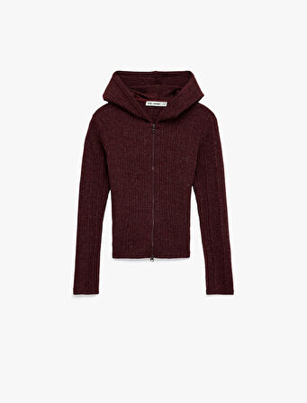 Slim Fit Kapüşonlu Uzun Kollu Dokulu Fermuarlı Hırka