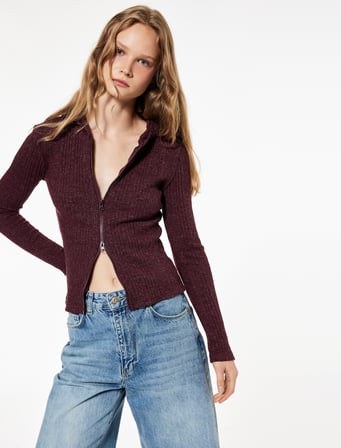 Slim Fit Kapüşonlu Uzun Kollu Dokulu Fermuarlı Hırka