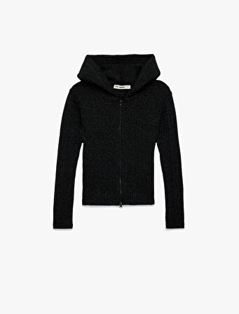 Slim Fit Kapüşonlu Uzun Kollu Dokulu Fermuarlı Hırka