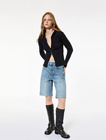 Slim Fit Kapüşonlu Uzun Kollu Dokulu Fermuarlı Hırka