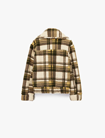 Cepli Fermuarlı Uzun Kollu Rahat Kalıp Dik Yaka Ekoseli Peluş Hırka