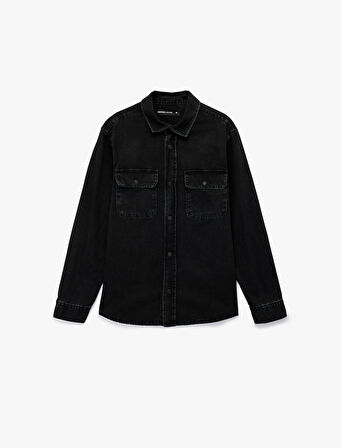 Rahat Kalıp Uzun Kollu Düğmeli Kapaklı Cepli Klasik Yaka Pamuklu Jean Gömlek