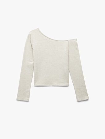 Asimetrik Yaka Slim Fit Omzu Açık Uzun Kollu Tişört