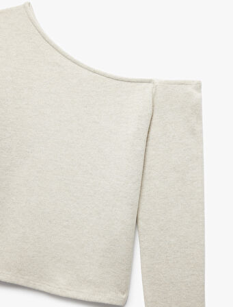 Asimetrik Yaka Slim Fit Omzu Açık Uzun Kollu Tişört