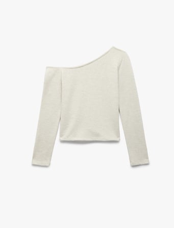 Asimetrik Yaka Slim Fit Omzu Açık Uzun Kollu Tişört