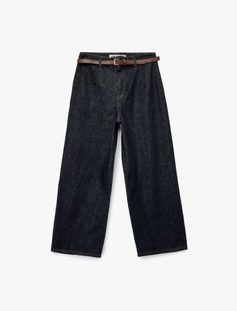 Yüksek Bel Pamuklu Kemer Detaylı Cepli Kısa Geniş Paça Jean Pantolon - Wide Leg Jeans