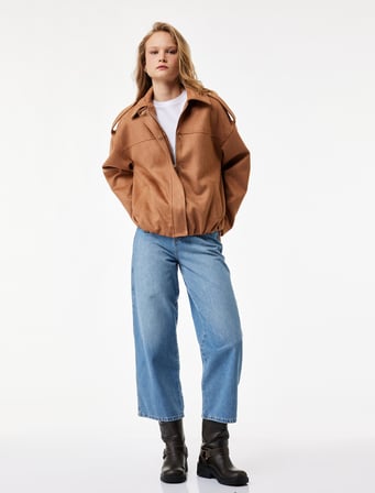 Yüksek Bel Pamuklu Kemer Detaylı Cepli Kısa Geniş Paça Jean Pantolon - Wide Leg Jeans
