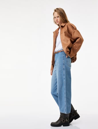Yüksek Bel Pamuklu Kemer Detaylı Cepli Kısa Geniş Paça Jean Pantolon - Wide Leg Jeans