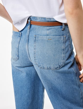 Yüksek Bel Pamuklu Kemer Detaylı Cepli Kısa Geniş Paça Jean Pantolon - Wide Leg Jeans