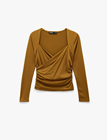 Uzun Kollu Slim Fit Kruvaze V Yaka Saten Bluz