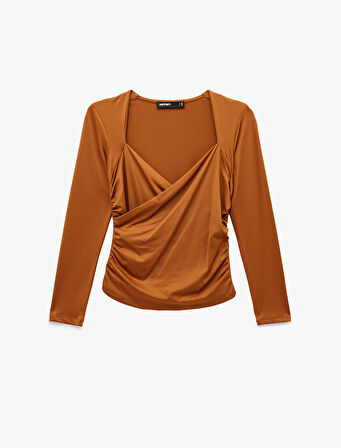 Uzun Kollu Slim Fit Kruvaze V Yaka Saten Bluz