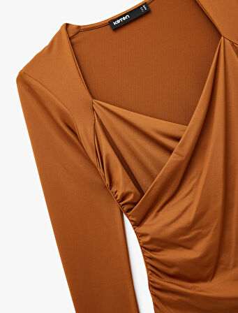 Uzun Kollu Slim Fit Kruvaze V Yaka Saten Bluz