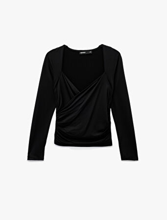 Uzun Kollu Slim Fit Kruvaze V Yaka Saten Bluz