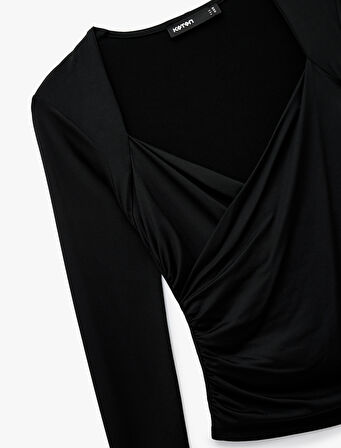 Uzun Kollu Slim Fit Kruvaze V Yaka Saten Bluz