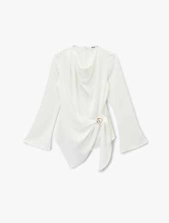 Uzun Kollu Degaje Yaka Metal Aksesuarlı Büzgülü Asimetrik Bluz