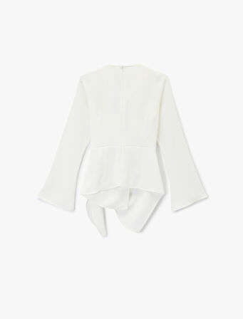 Uzun Kollu Degaje Yaka Metal Aksesuarlı Büzgülü Asimetrik Bluz