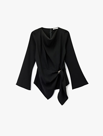 Uzun Kollu Degaje Yaka Metal Aksesuarlı Büzgülü Asimetrik Bluz