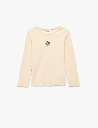 Çiçek Nakış Detaylı Uzun Kollu Bisiklet Yaka Pamuklu Tişört