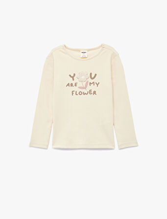 Nakış Detaylı Uzun Kollu Bisiklet Yaka Pamuklu Tişört