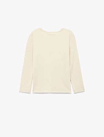 Nakış Detaylı Uzun Kollu Bisiklet Yaka Pamuklu Tişört