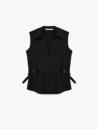 Klasik Yaka Yarım Kemer Detaylı Krep Kolsuz Gömlek