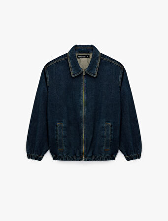 Gömlek Yaka Cepli Fermuarlı Oversize Bomber Jean Ceket
