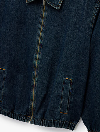 Gömlek Yaka Cepli Fermuarlı Oversize Bomber Jean Ceket