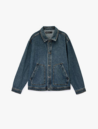 Uzun Kollu Cepli Gömlek Yaka Düğmeli Rahat Kalıp Jean Ceket