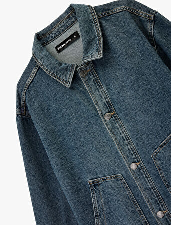 Uzun Kollu Cepli Gömlek Yaka Düğmeli Rahat Kalıp Jean Ceket