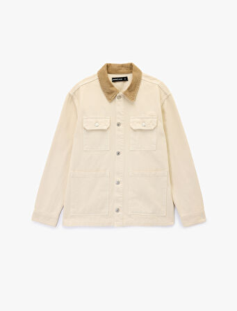 Rahat Kalıp Cepli Pamuklu Renk Kontrastlı Gömlek Yaka Jean Ceket