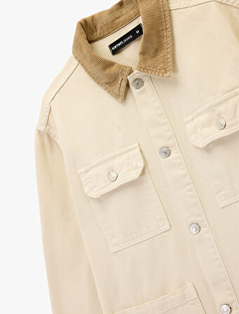 Rahat Kalıp Cepli Pamuklu Renk Kontrastlı Gömlek Yaka Jean Ceket