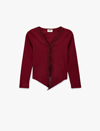 Pamuklu Uzun Kollu V Yaka Dantel Detaylı Tişört