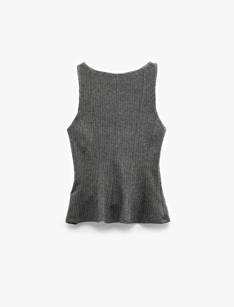 Slim Fit Kayık Yuvarlak Yaka Parıltılı Çizgili Kolsuz Peplum Bluz