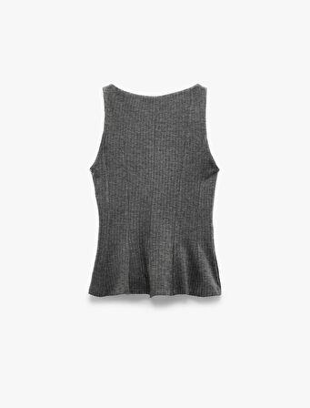 Slim Fit Kayık Yuvarlak Yaka Parıltılı Çizgili Kolsuz Peplum Bluz