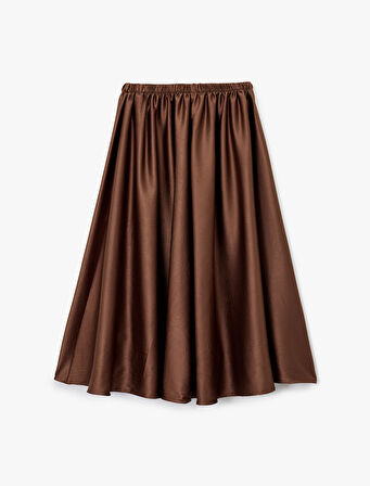 Bol Kalıp Beli Lastikli Midi Kloş Saten Etek