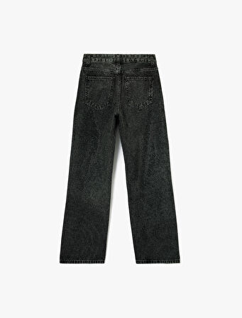 Düğmeli Cepli Pamuklu Normal Bel Düz Paça Taşlı Jean Pantolon - Straight Fit Jean