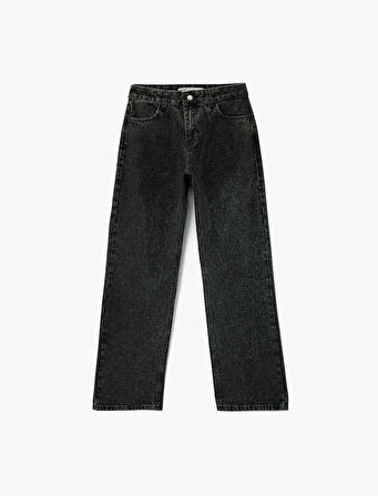 Düğmeli Cepli Pamuklu Normal Bel Düz Paça Taşlı Jean Pantolon - Straight Fit Jean