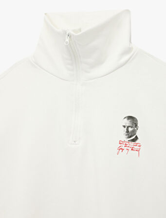 Atatürk Baskılı Yarım Fermuarlı Dik Yaka Uzun Kollu Sweatshirt