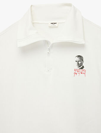 Atatürk Baskılı Yarım Fermuarlı Dik Yaka Uzun Kollu Sweatshirt