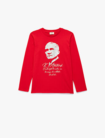 Pamuklu Uzun Kollu Bisiklet Yaka Atatürk Baskılı Tişört