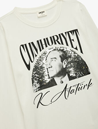 Atatürk ve Cumhuriyet Baskılı Pamuklu Uzun Kollu Bisiklet Yaka Tişört