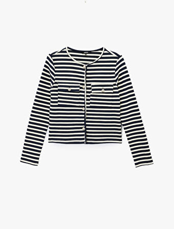 Düğmeli Pamuklu Uzun Kollu Bisiklet Yaka Çizgili Hırka