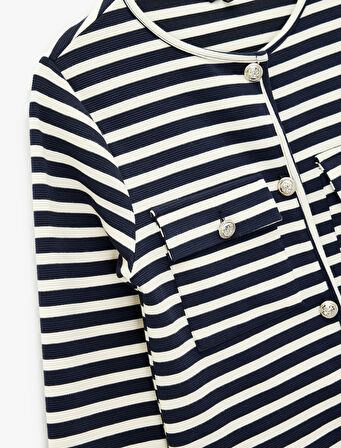 Düğmeli Pamuklu Uzun Kollu Bisiklet Yaka Çizgili Hırka