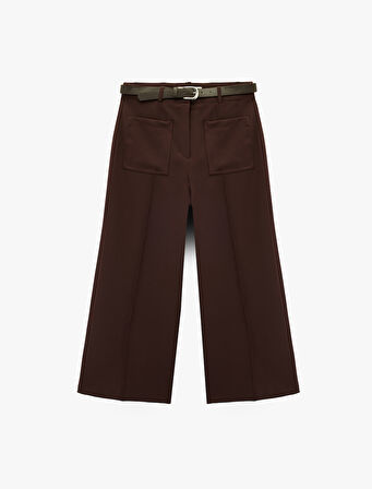 Kemerli Aplike Cepli Culotte Fit Kısa Geniş Paça Kumaş Pantolon
