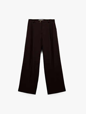 Pile Detaylı Geniş Paça Loose Fit Kumaş Pantolon