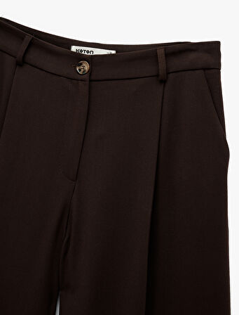 Pile Detaylı Geniş Paça Loose Fit Kumaş Pantolon