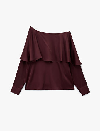 Uzun Kollu Kayık Yaka Asimetrik Kesim Saten Bluz